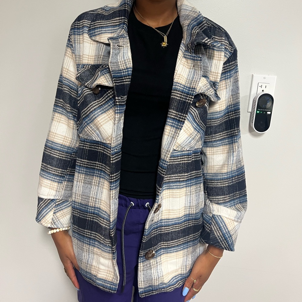 Kensie Blue and White Plaid Utility Jacket